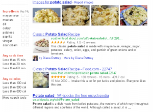 Selection from the results page for a Google search for potato salad showing enhanced search options (check boxes for specific ingredients, cooking times, calorific value) and highlighting these values in some of the result snippets.